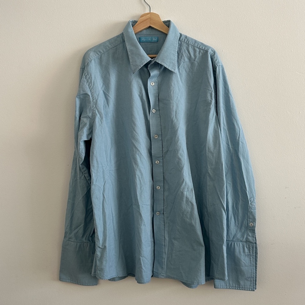 Luigi’s New York Blue Button Down Dress Shirt No Size Tag Check Measurements